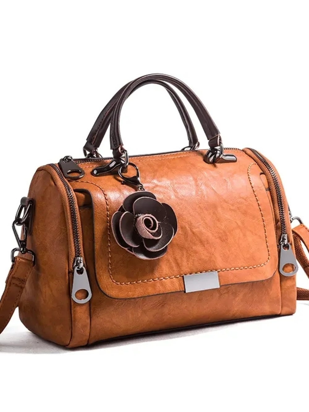 Classic Tan Women's Satchel with Floral Charm